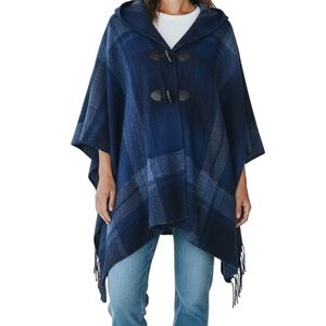 One Size Navy Blue Plaid Shawl with Fringe
